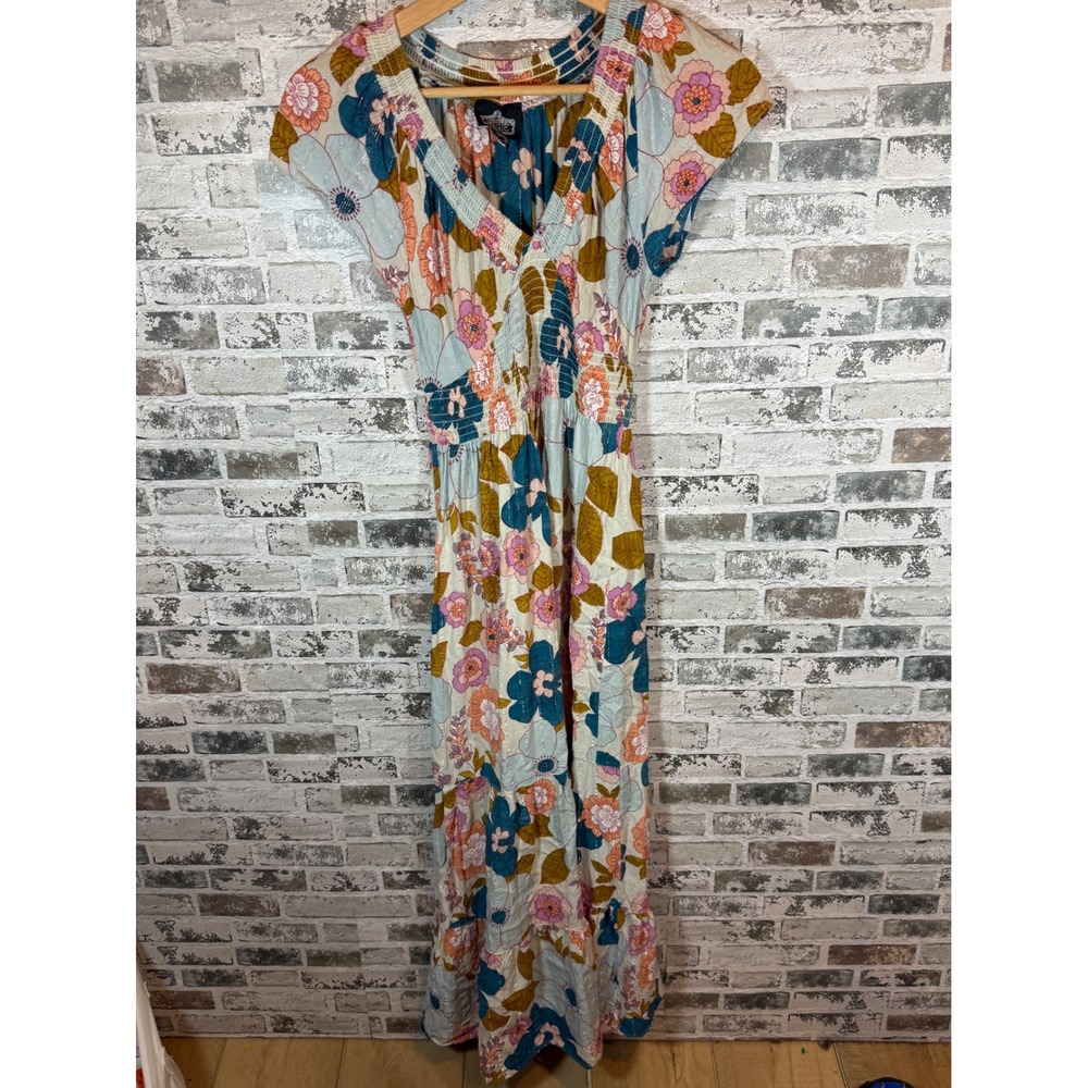 Angie Maxi Dress Womens XS Floral Blue Pink Lurex Boho Smocked Tiered